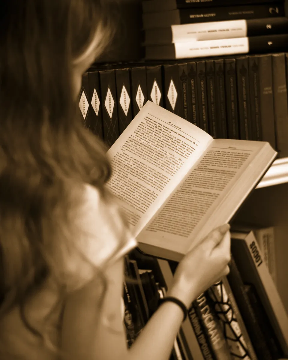 Une personne consulte un livre devant une bibliothèque.