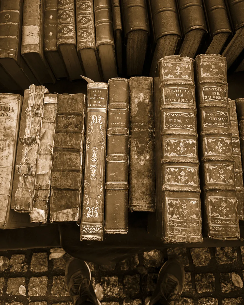 Rangée de livres anciens reliés en cuir, sur un marché aux livres.